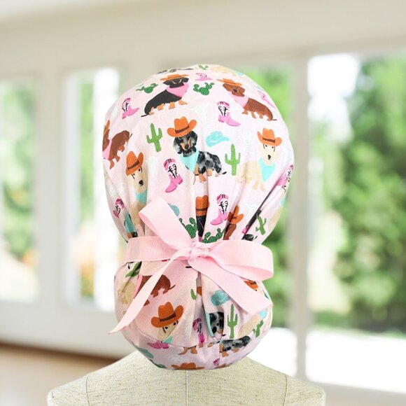 Dachshund Pink~ Ponytail Scrub Cap, Surgical Hat, OR, CNA, MD, gifts. - Picture 1 of 4